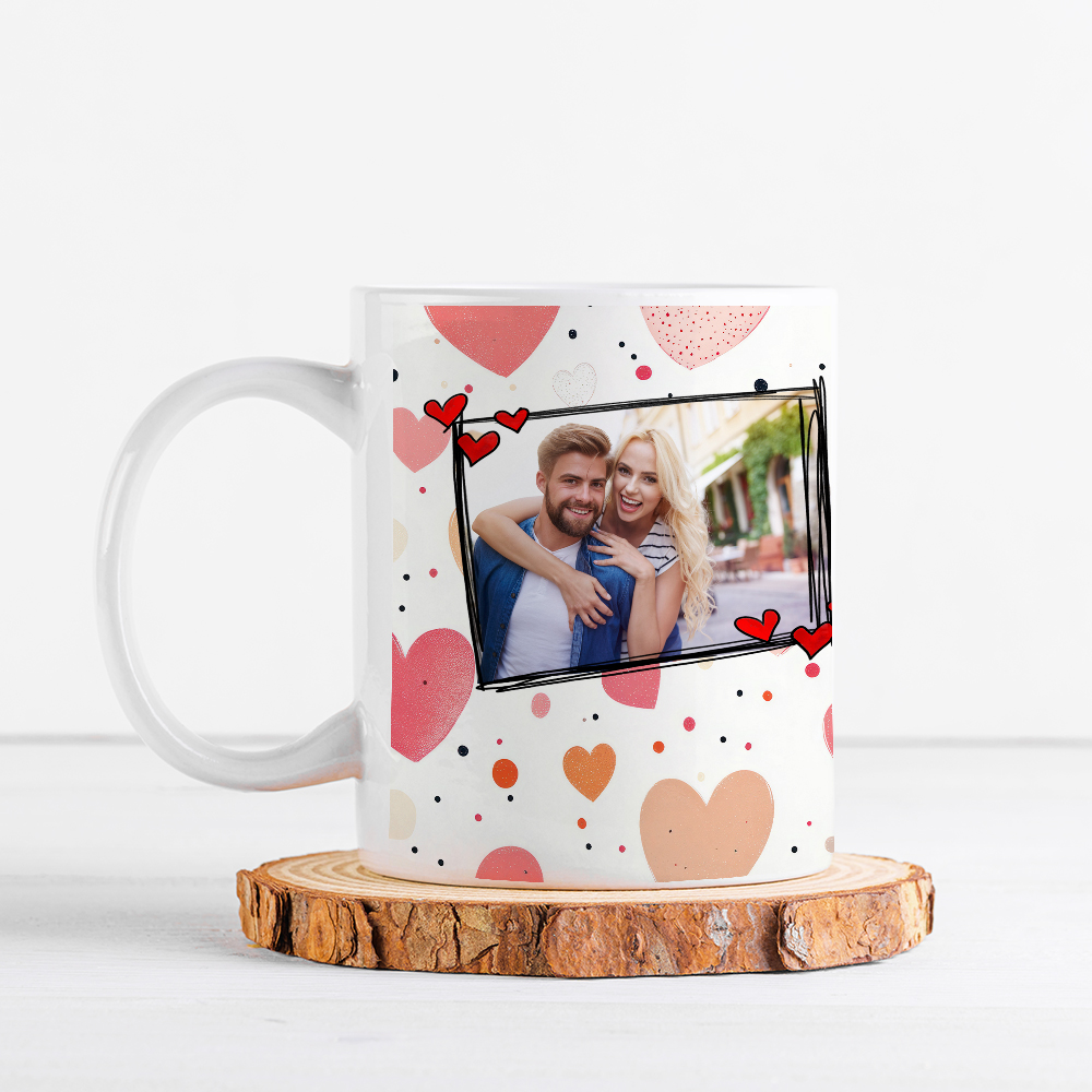 White coffee mug mockup with blank copy space on a wooden podium on white background, close up