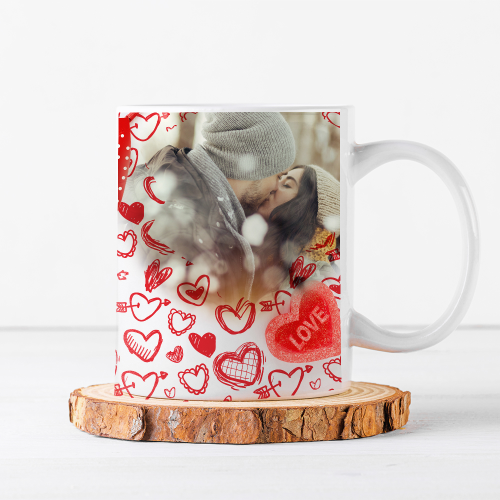 White coffee mug mockup with blank copy space on a wooden podium on white background, close up