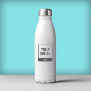 your design Logo mockup on white reusable water bottle on white background